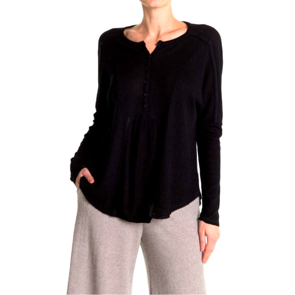 Gibsonlook Black Mixed Rib Waffle Knit Henley Size Medium